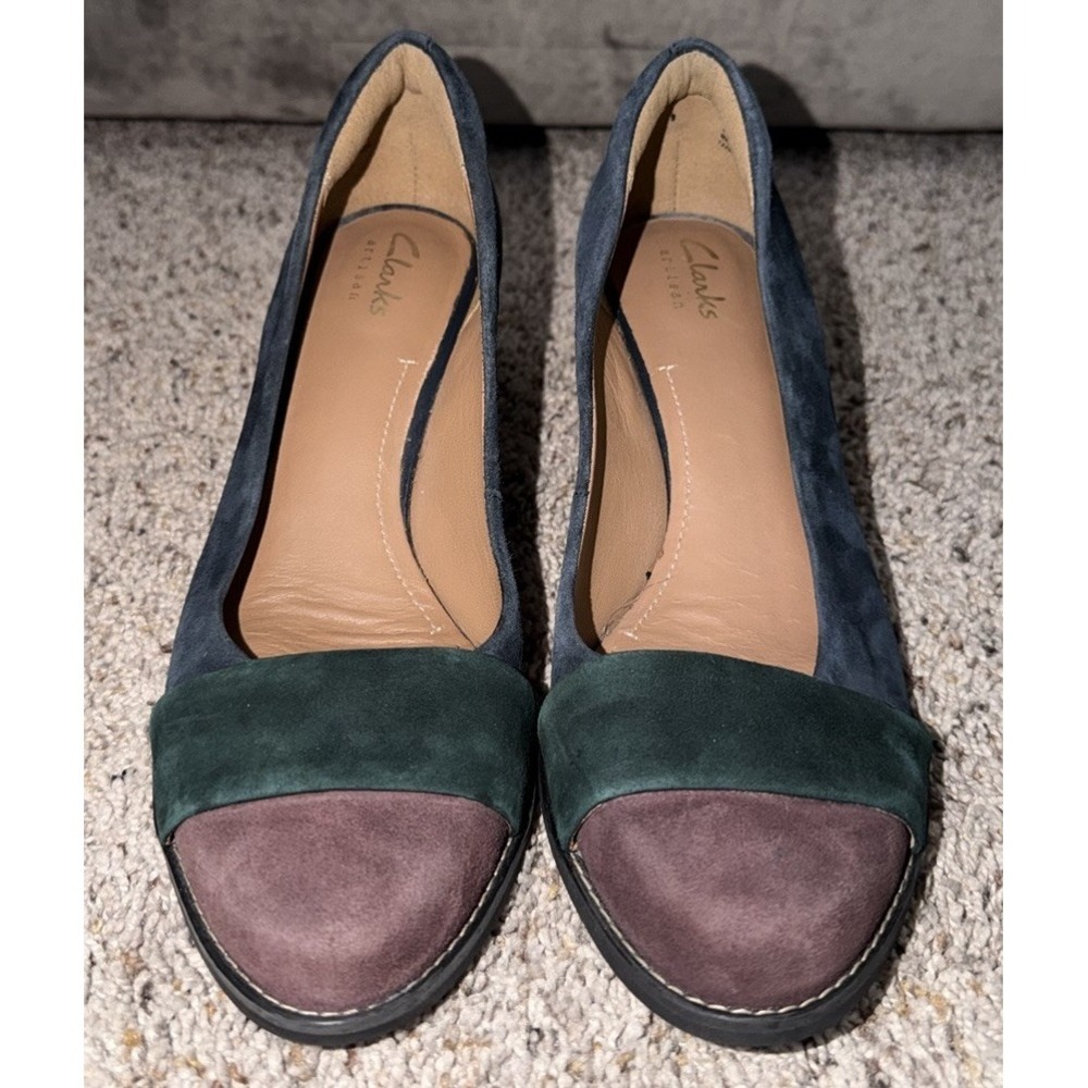 Clarks Artisan Colorblock Suede Block Heel Pumps Blue Green Plum‎ Comfort 6.5 M